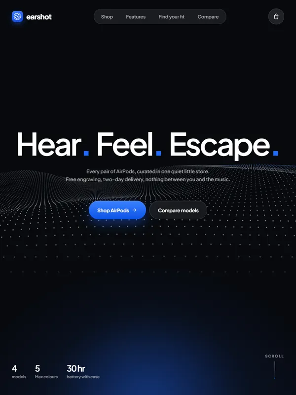 Earshot concept store homepage reading Hear. Feel. Escape. over a field of glowing dots