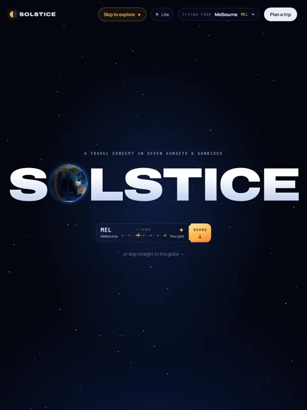 Solstice travel concept homepage with a glowing globe in the title